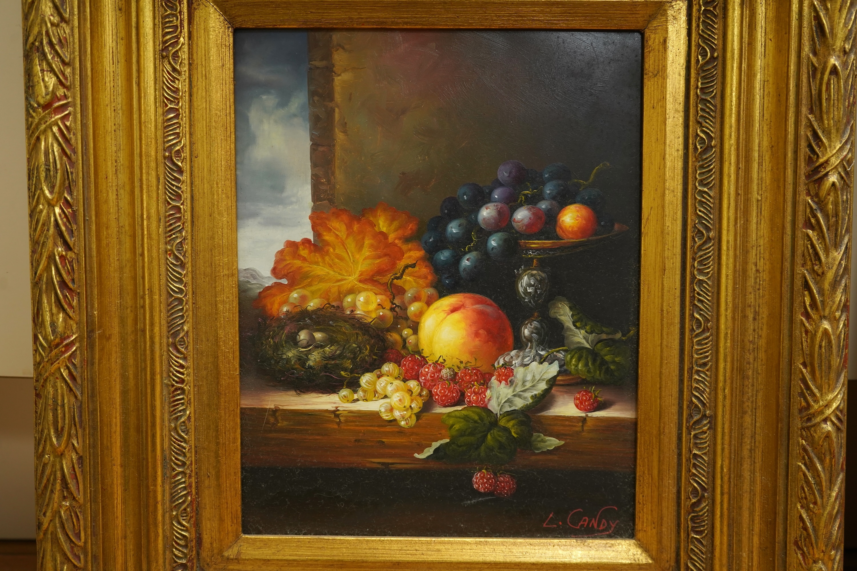 L Candy, Old Master style, Still lifes of fruit and vessels, set of four decorative oils on board, each 25 x 19cm, ornate gilt frames